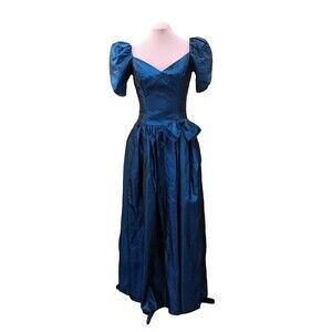 80s  Navy Taffeta Party dress, Tulip Sleeves Drop Waist, Bow - Size small.